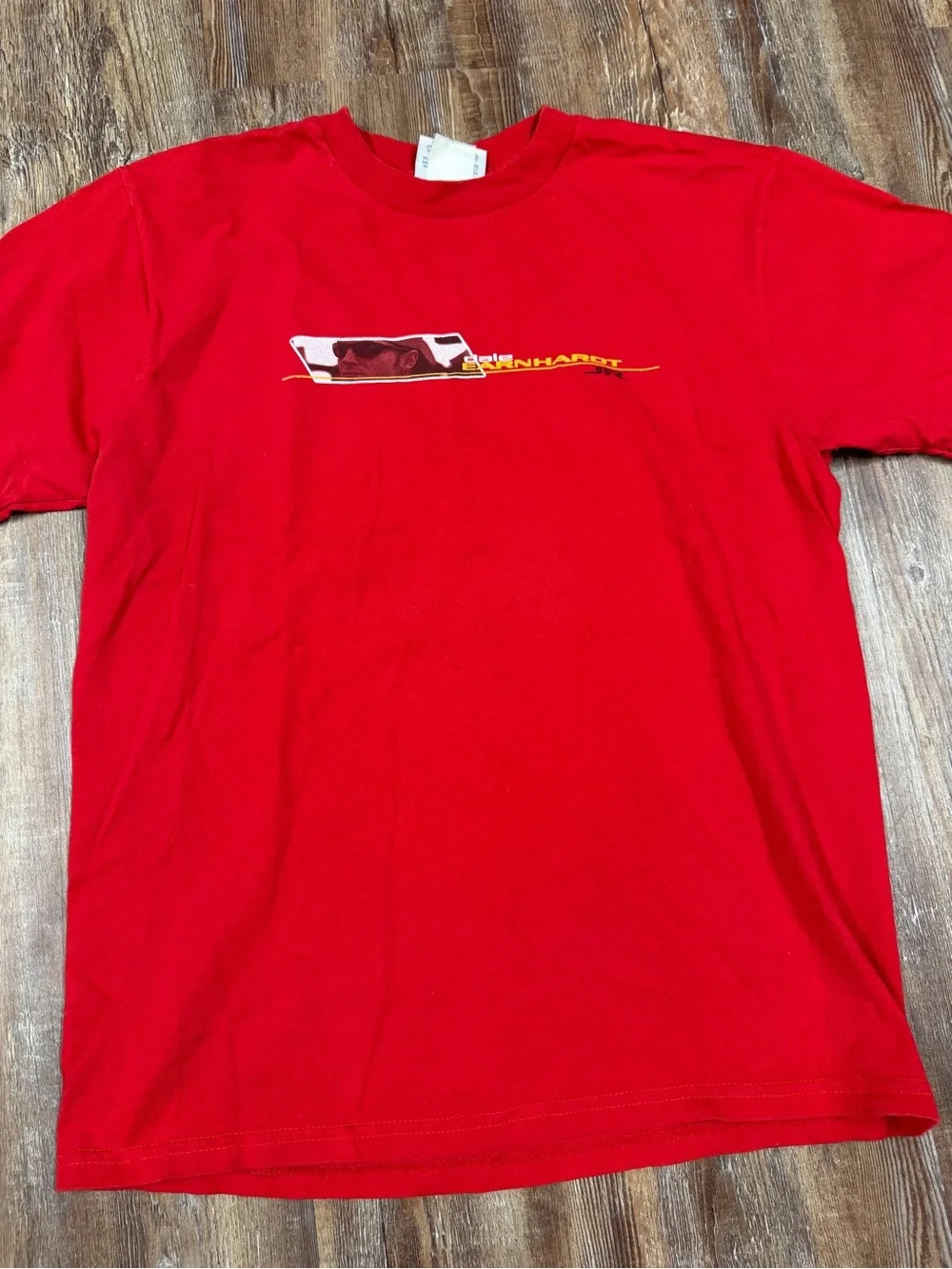 Vintage Red Dale Earnhardt Jr. NASCAR tee with graphic of a race car and the wor